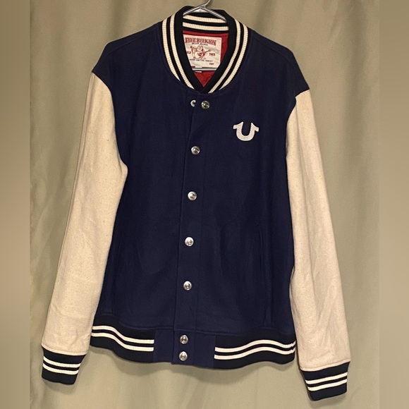 True Religion Buddha Varsity TR-02 Jacket  Blue White Wool Blend Men’s  2XL - Picture 2 of 6